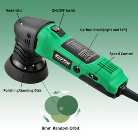 ZOTA polisher close-up of durable gear housing highlighting low-vibration operation benefit