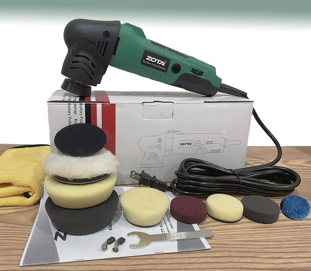 ZOTA complete kit layout including spare carbon brushes and microfiber towel for maintenance
