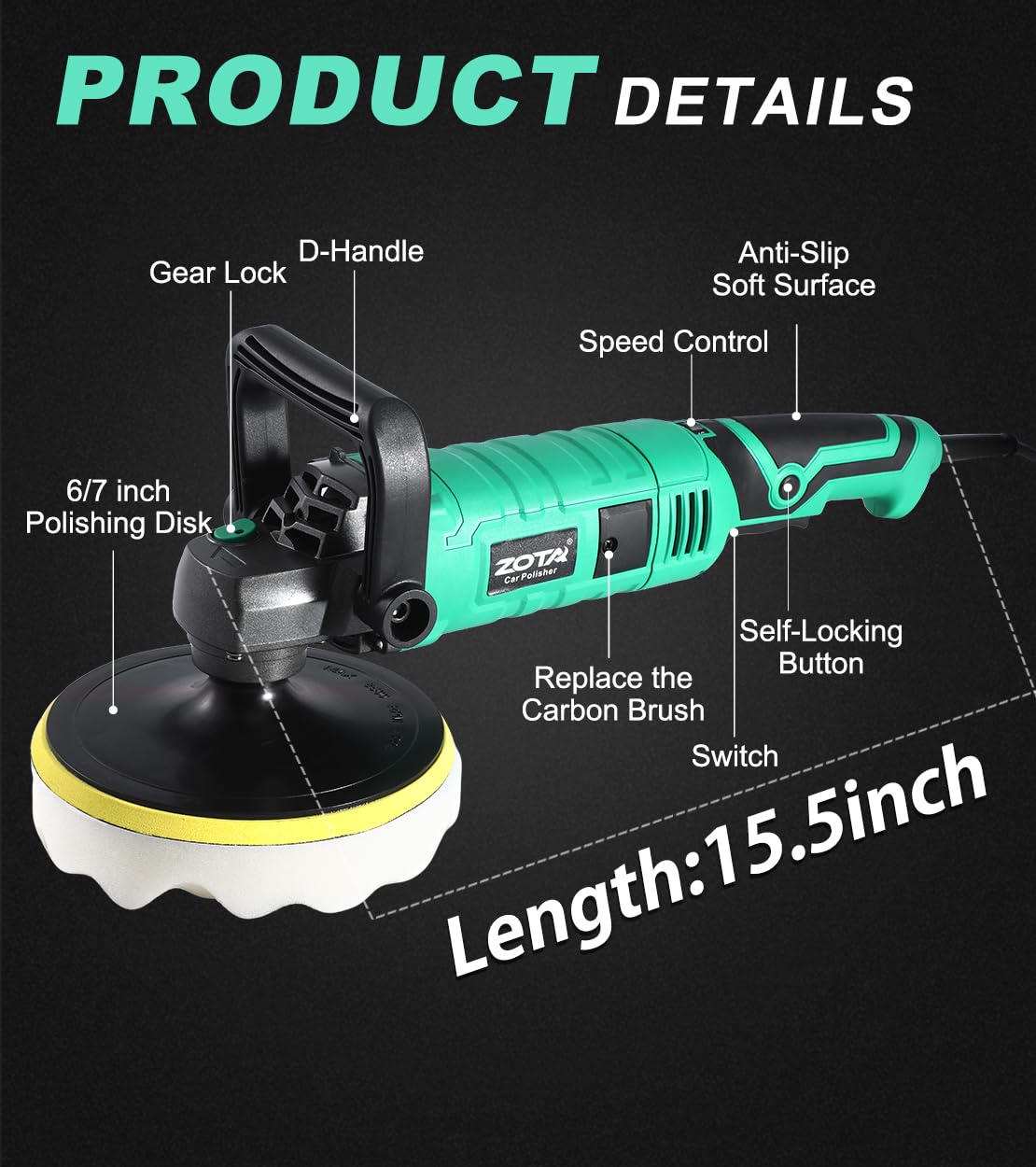 ZOTA polisher extra-long 13.1 ft cord and plug for extended reach and convenience