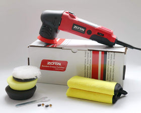 ZOTA polisher being used near a headlight for precise paint correction
