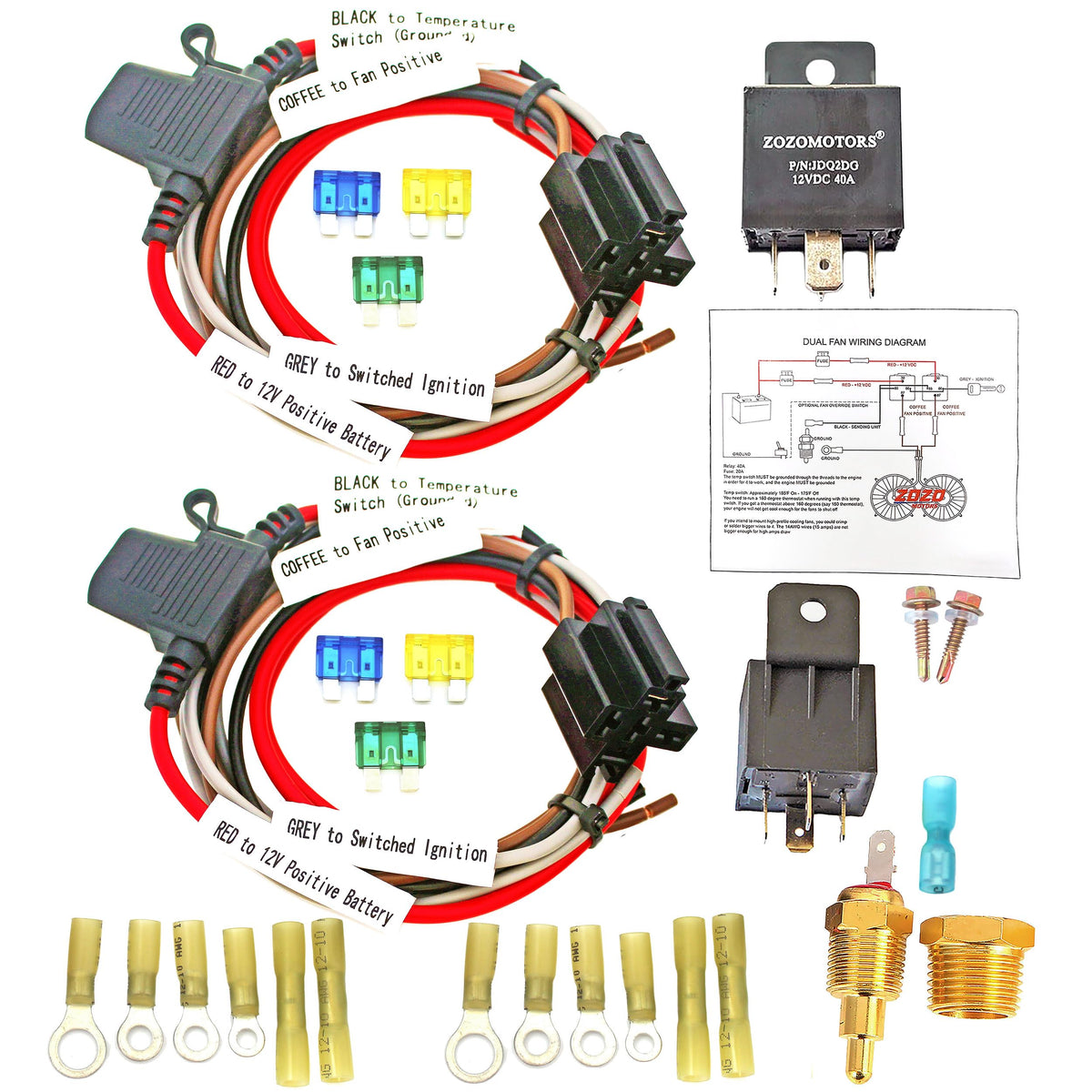 ZOZOMOTORS kit front layout showing components and benefits of complete wiring
