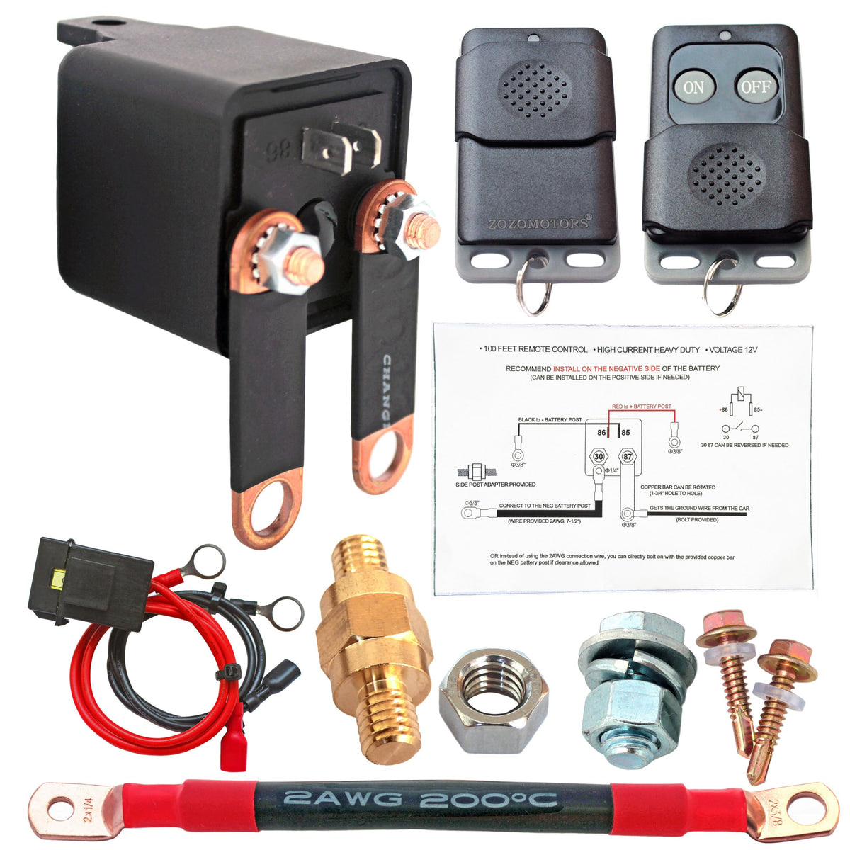 ZOZOMOTORS packaged unit front view showing contents and quick install benefit