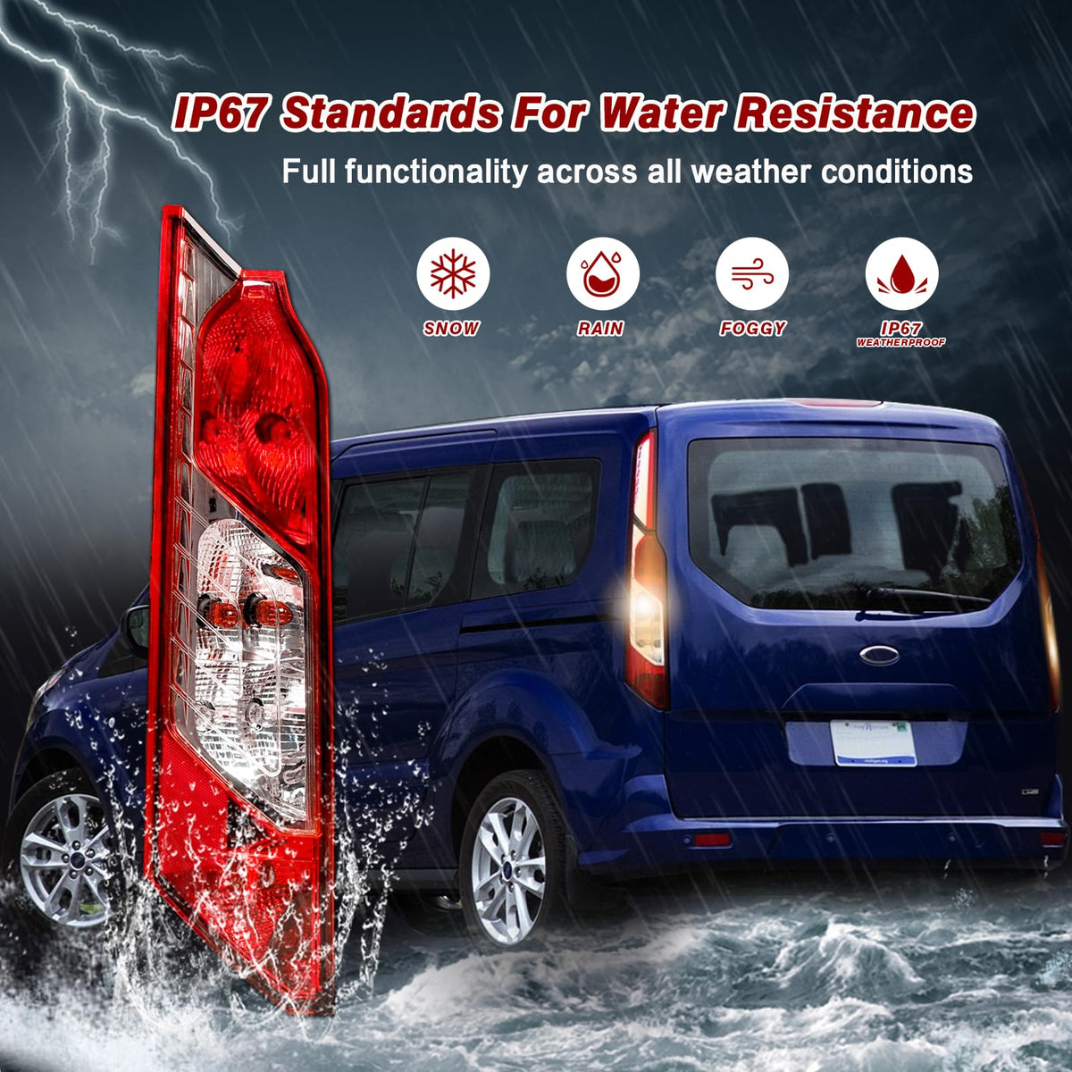 ZSBMP tail light on a work van in rain showing weather resistance benefit