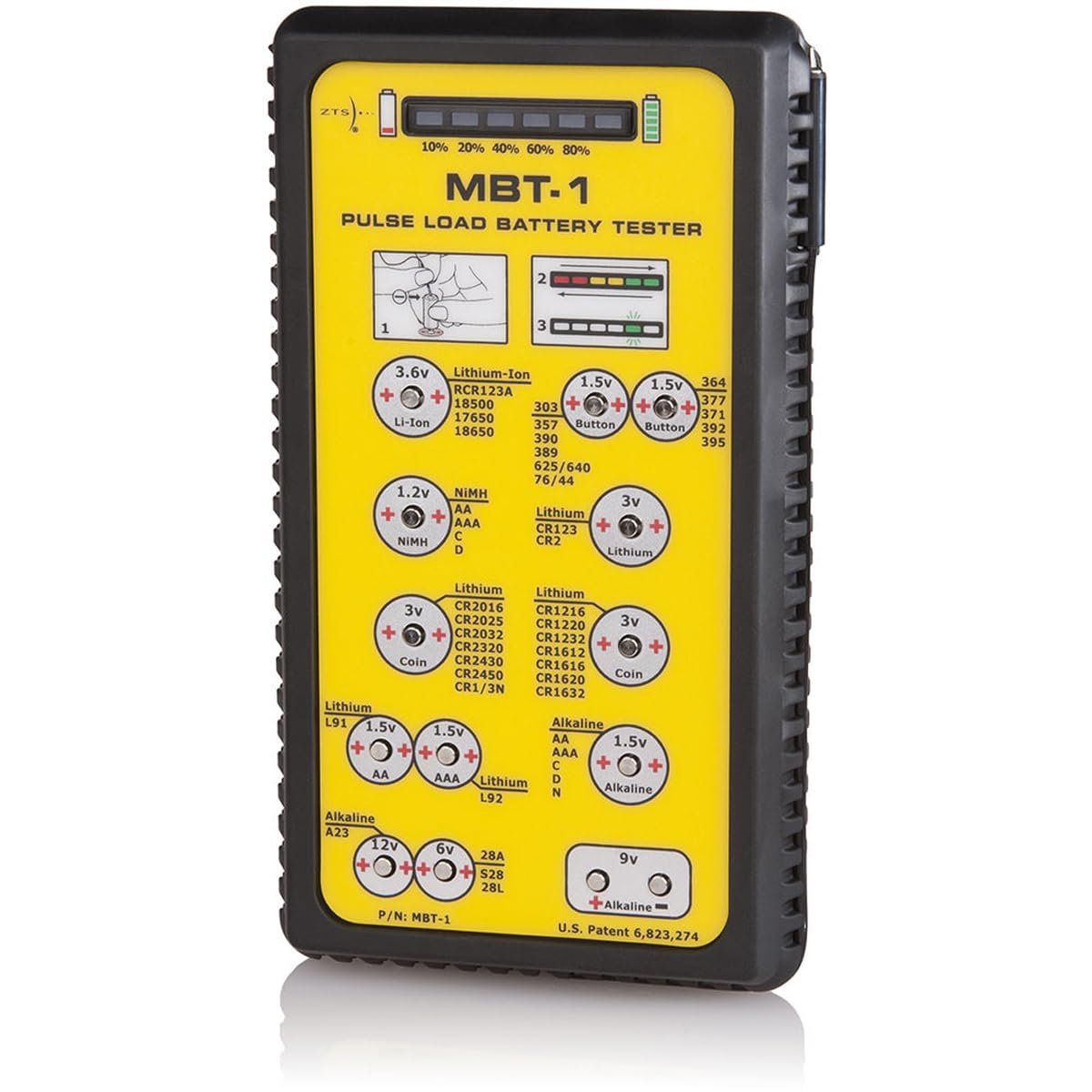 ZTS MBT-1 front view showing LED bar display and labeled battery contacts for quick checks