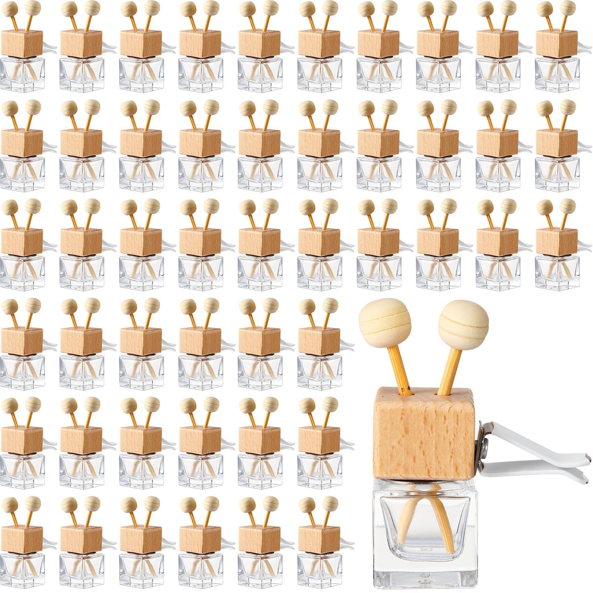 Zubebe front view of 60 clear glass diffuser bottles showing bulk quantity and clips