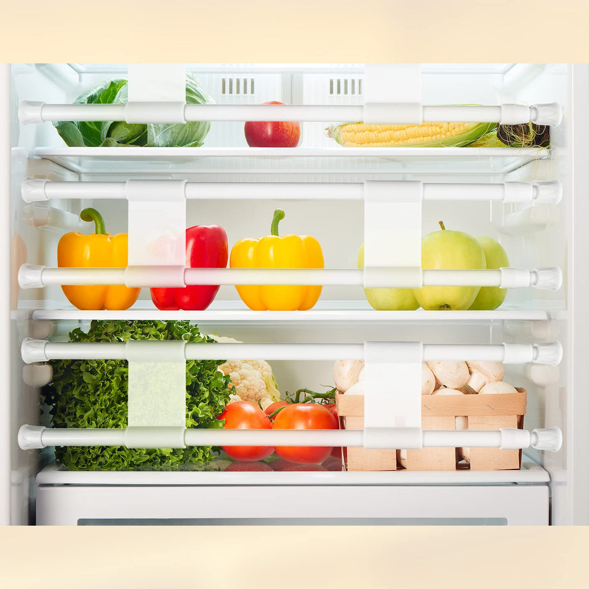 Zubebe bars installed inside an RV fridge holding bottles stable to prevent spills