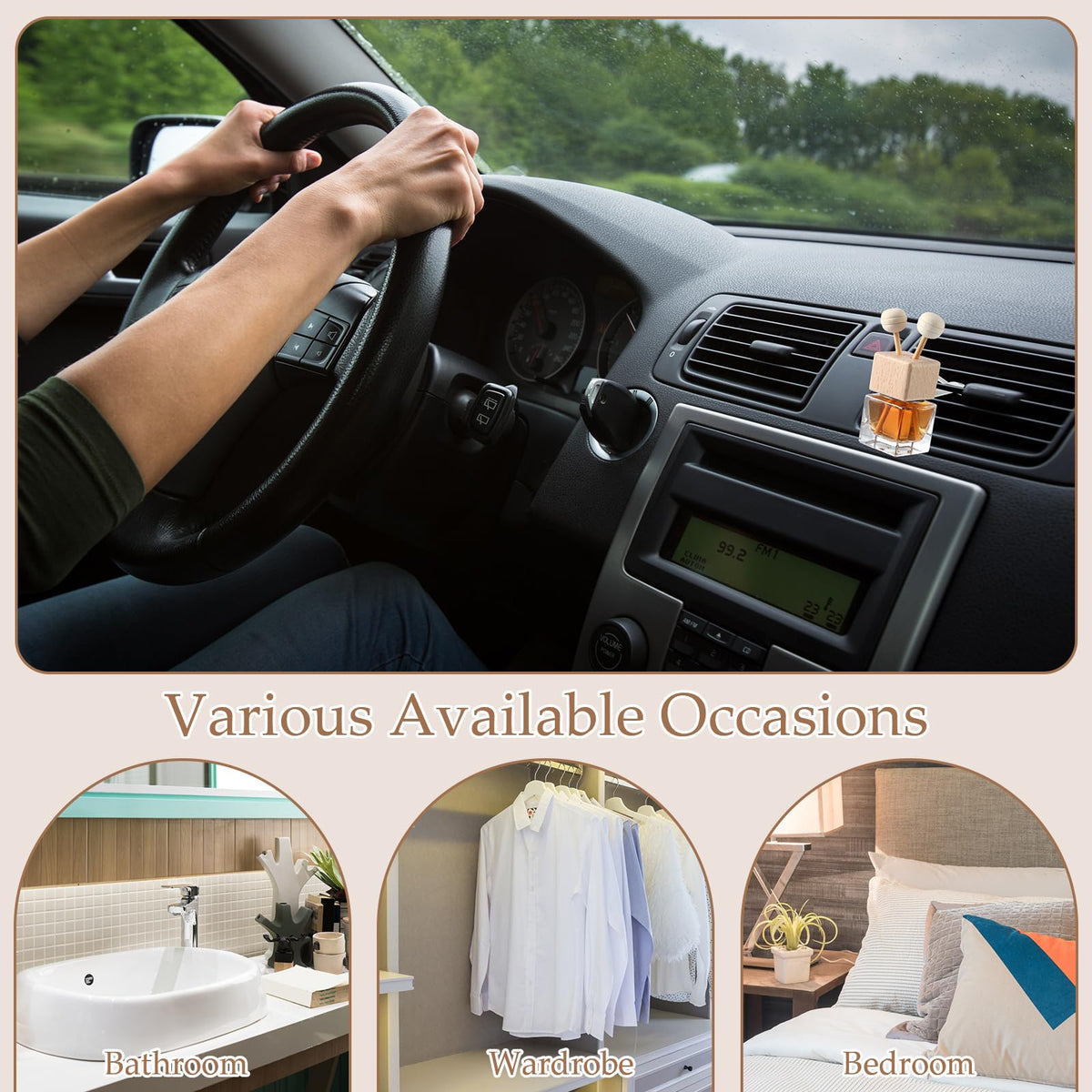 Zubebe diffusers in car interior scene illustrating fresh scent and everyday use