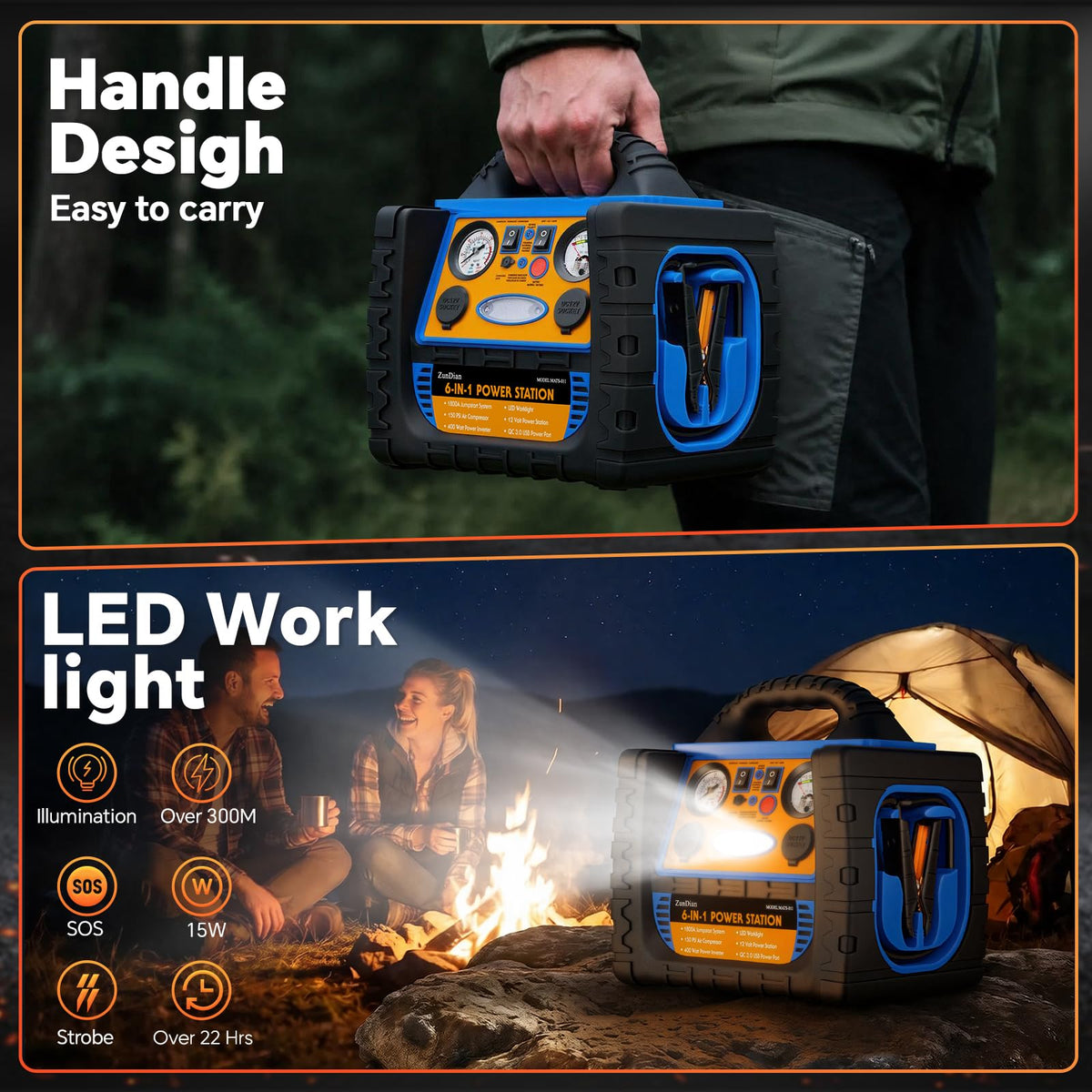 ZunDian held in hand to show size and portability for easy trunk storage