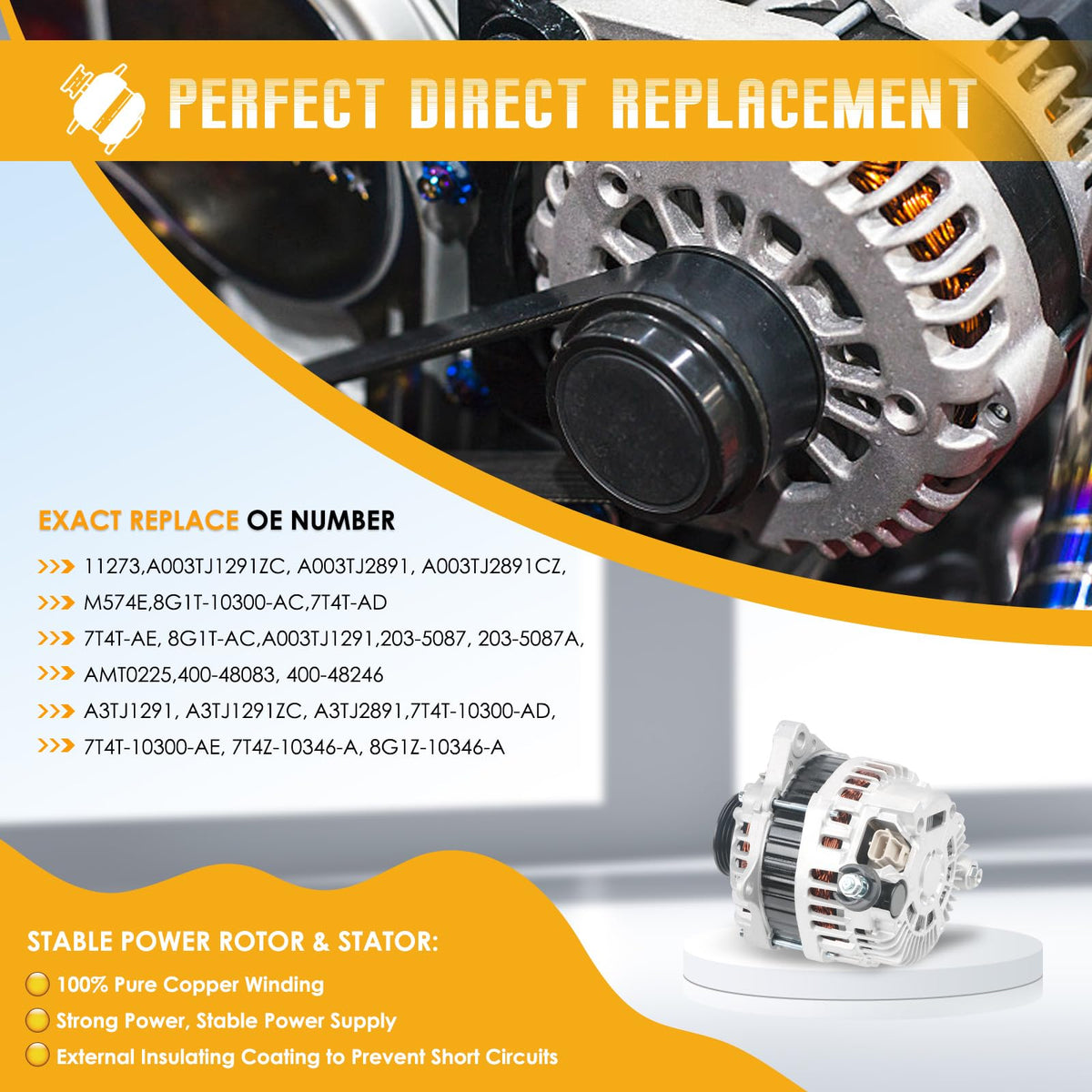 ZuneXino alternator plug at 1:00 clock position for precise electrical connection and correct fit