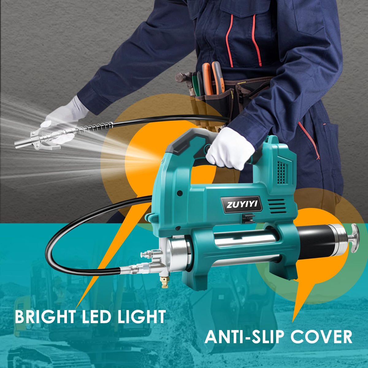 ZUYIYI grease gun held in hand showing compact size and portability benefit