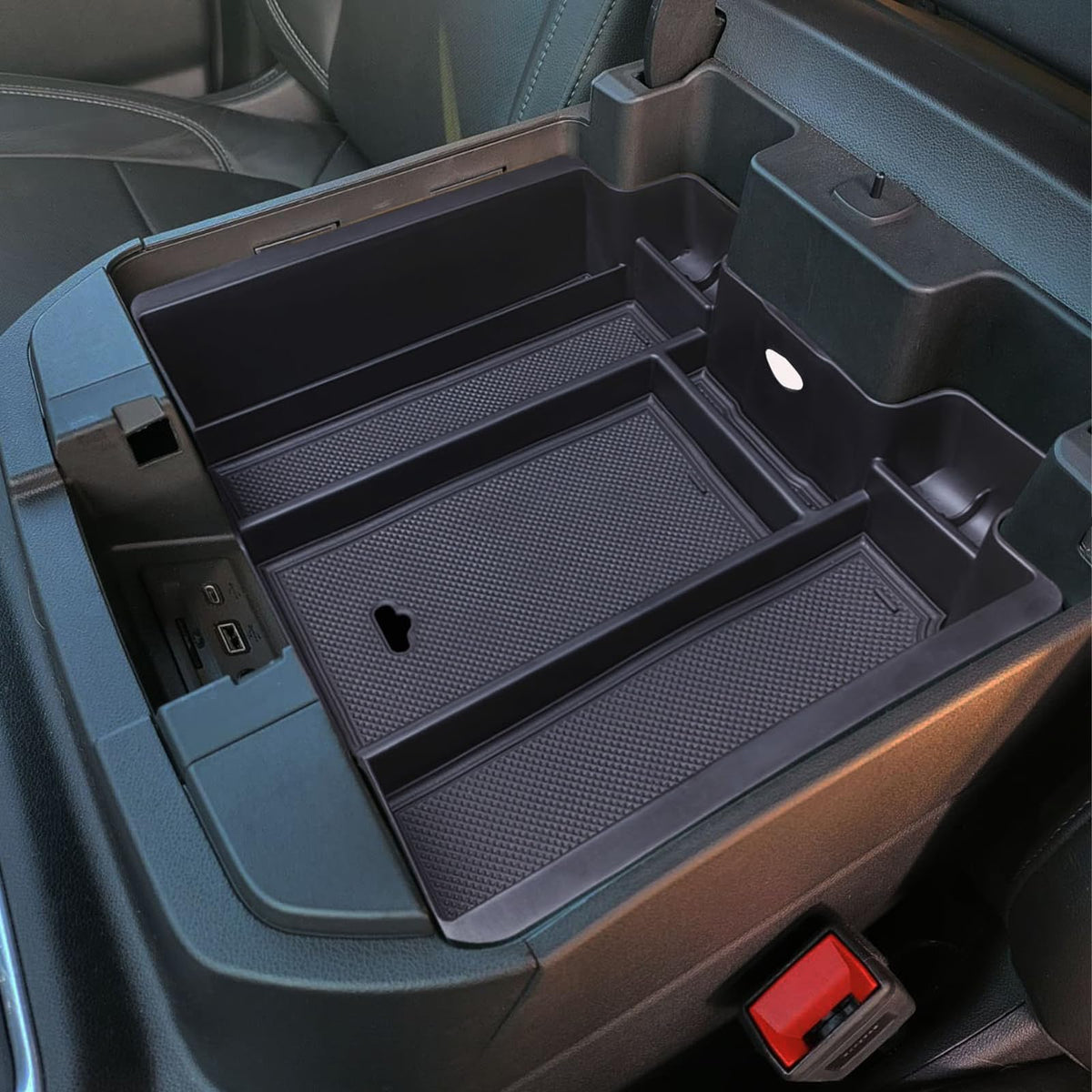Zxiaochun front view installed in Silverado full console showing neat organization and quick access