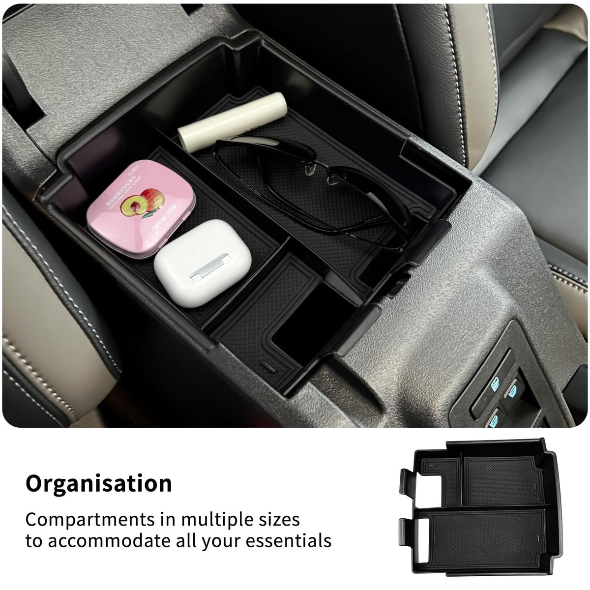 Zxiaochun tray installed in Bronco console demonstrating neat organization