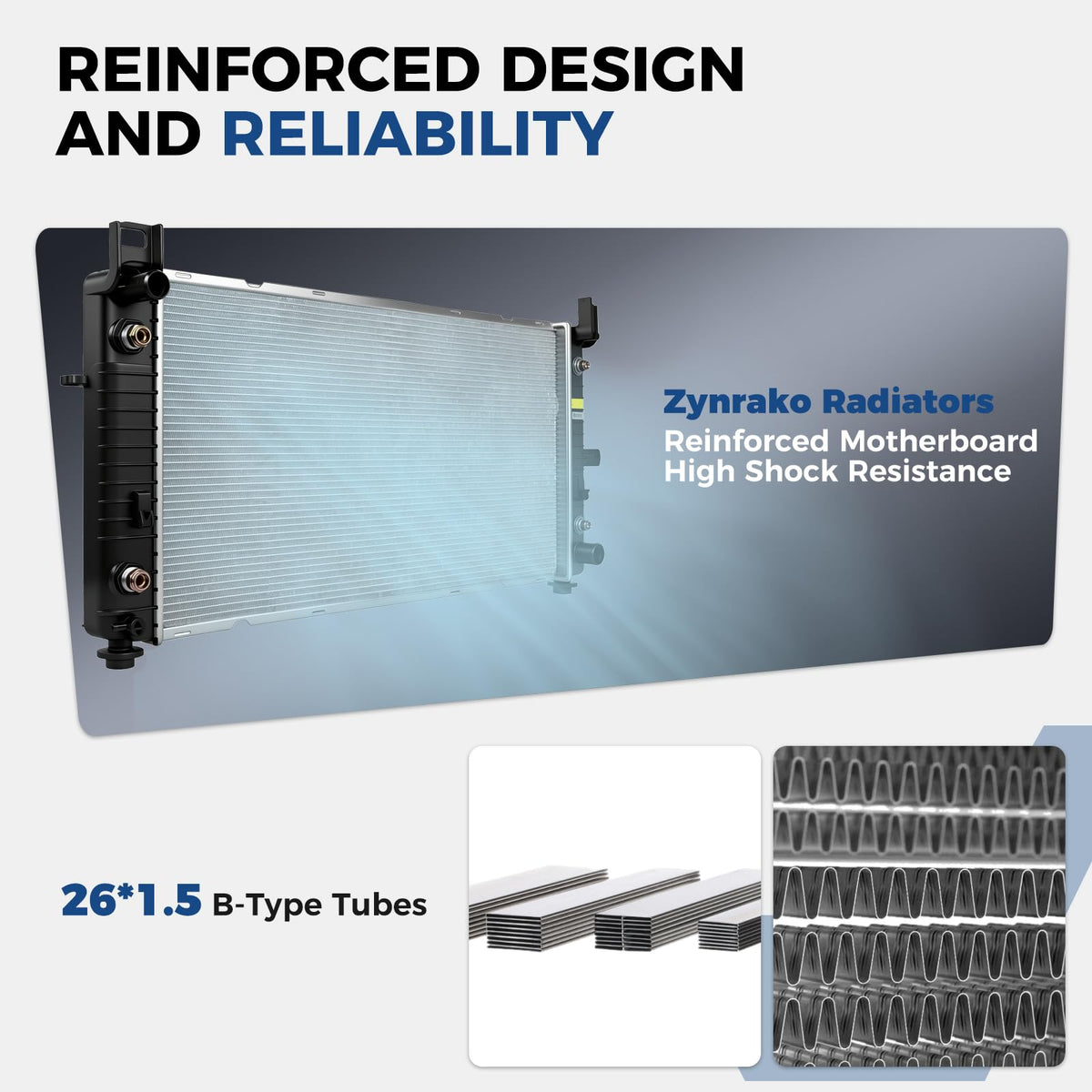 Zynrako radiator installed in engine bay illustrating direct OEM-fit benefit