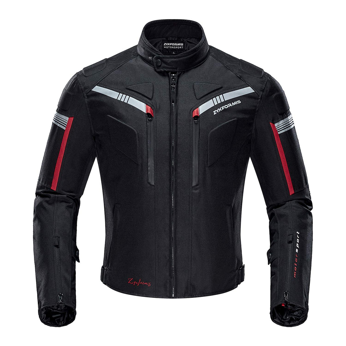Zyxformis front view showing full-length waterproof jacket and ergonomic fit for safer rides